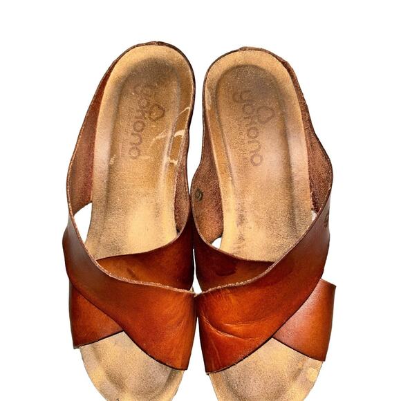Yokono Womens Brown Leather Cross Strap Wedge Sandals Shoes‎ SZ 9 Made in Spain - Picture 3 of 11